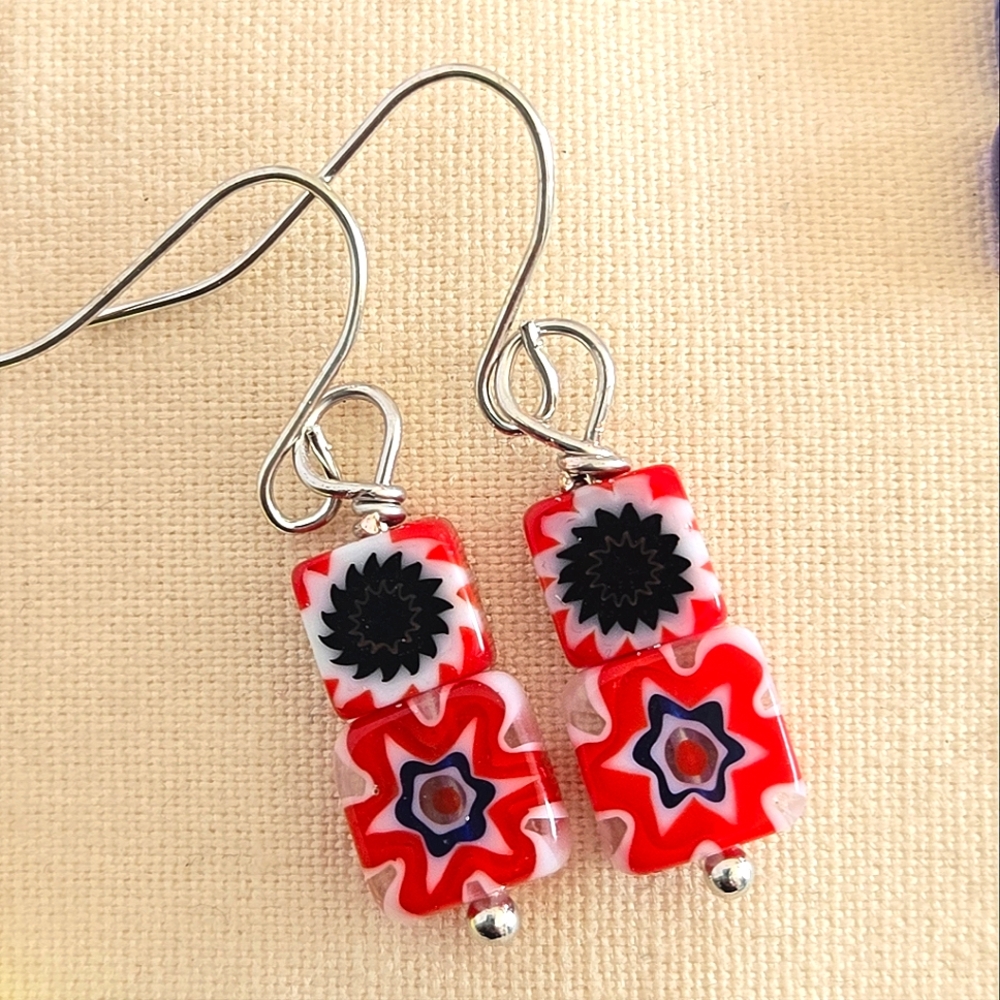 Red, Black And White Glass Earrings